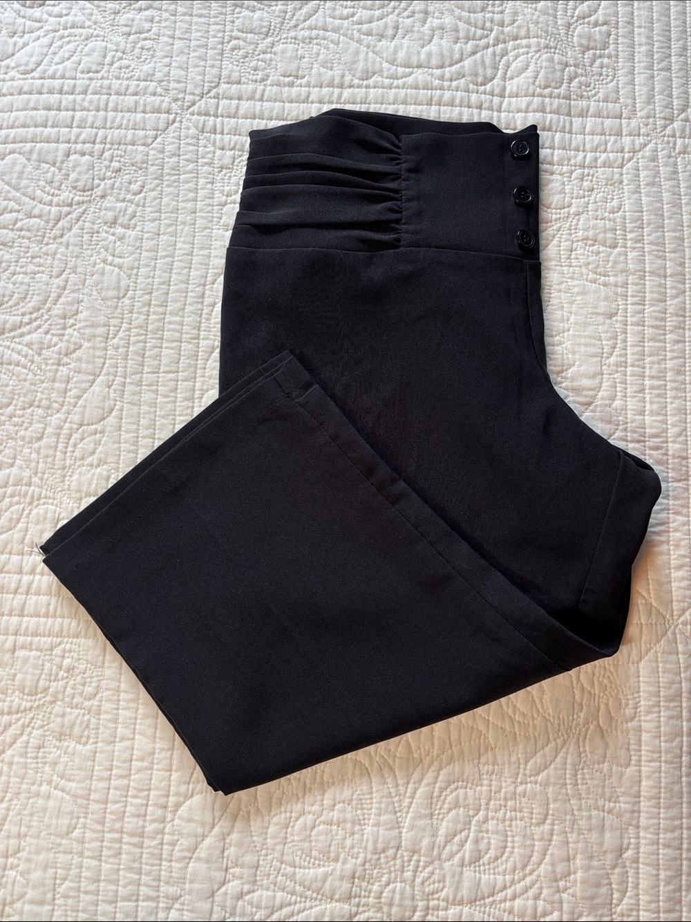 Valia Black High-Pleat Waist Dress Capris with Buttons